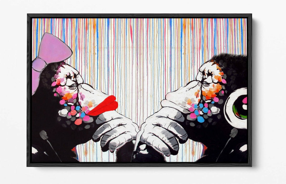 BANKSY DJ MONKEY THINKER DUO COLOUR RAIN -FLOAT EFFECT CANVAS WALL ART PIC PRINT