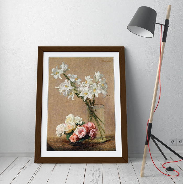 Framed Wall Art - Roses And Lilies Print | Handmade UK Frame, Matte Poster