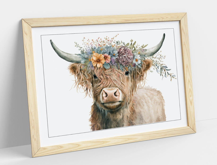 Highland Cow Wall Art – Framed Flower Crown Poster | Rustic Home Decor UK Handmade