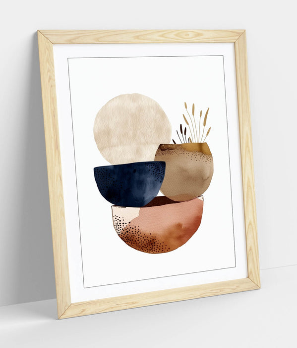 Boho Wall Art – Minimalist Shapes Framed Bedroom Print With Natural Wood Frame