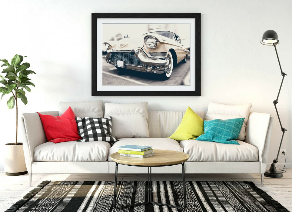 Framed Art Poster - Vintage car Wall Art Print with Woodgrain Frame Design