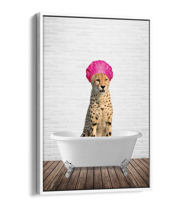 FUNNY CHEETAH IN BATHTUB -QUIRKY BATHROOM FLOAT EFFECT CANVAS WALL ART PIC PRINT