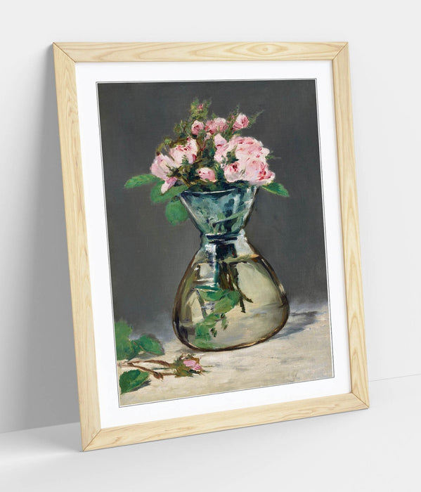 Framed Wall Art Poster - Edouard Manet Moss Roses In A Vase Print With Woodgrain Frame