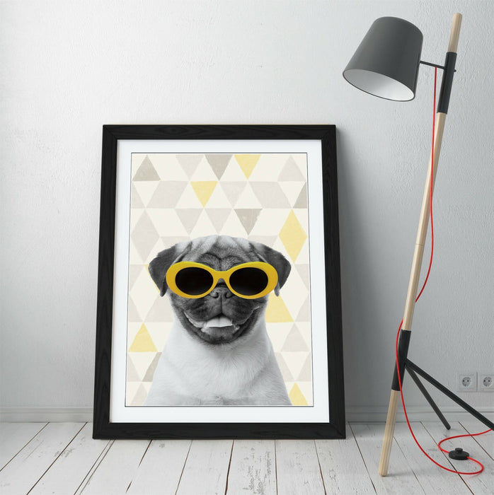 PUG SUNGLASSES YELLOW GREY -ART FRAMED POSTER PICTURE PRINT ARTWORK- WHITEBLUE
