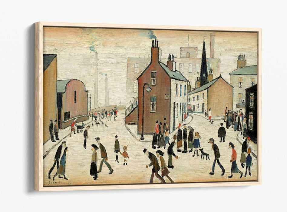 LS LOWRY STREET SCENE -FLOAT EFFECT CANVAS WALL ART PIC PRINT- BEIGE