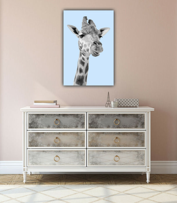 Giraffe Canvas Art – Baby Blue Black and White Print | Handmade Canvas Wall Decor