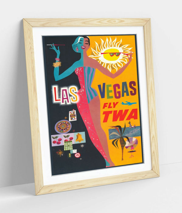 RETRO LAS VEGAS TRAVEL POSTER -FRAMED WALL ART PICTURE PRINT- YELLOW BLACK PINK