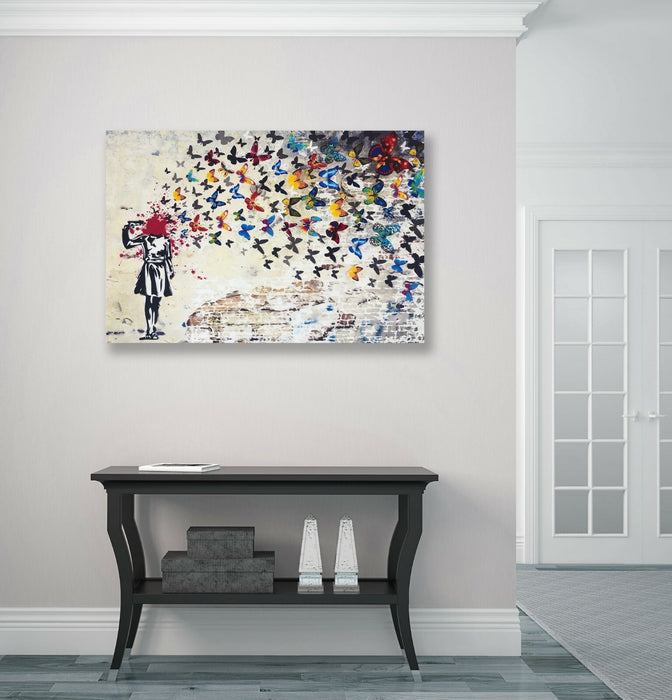 CANVAS WALL ART PRINT BANKSY BUTTERFLY BRAINS GIRL GRAFFITI 30MM DEEP FRAMED