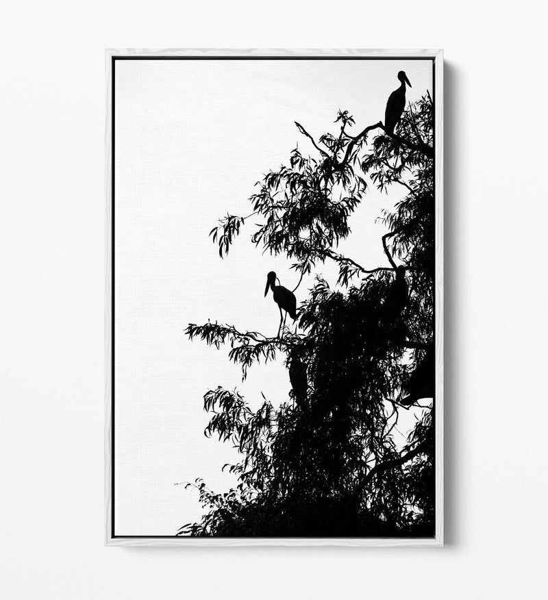 Canvas Wall Art – Bird Silhouette on Tree | Handmade Float Effect Frame, Premium Varnish Finish