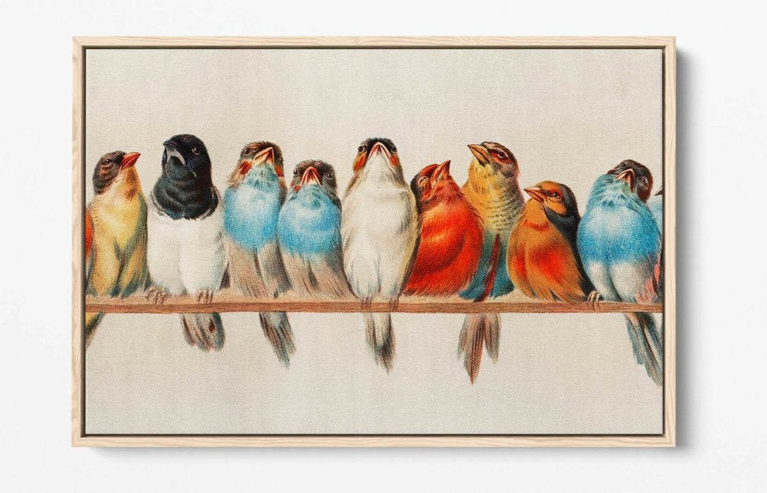 BIRDS ON A PERCH VINTAGE ART -FLOAT EFFECT CANVAS WALL ART PIC PRINT- RED BLUE