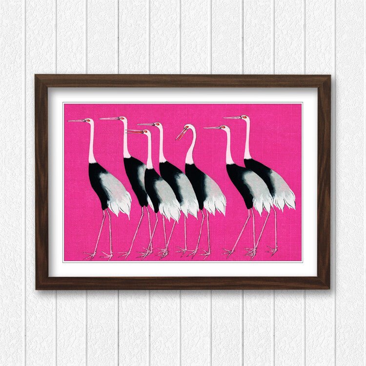 Framed Wall Art – Japanese Pink Crane Poster With Woodgrain Frame, Ready To Hang