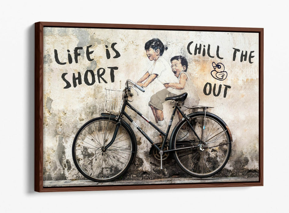 LIFE IS SHORT KIDS ON BIKE -FLOAT EFFECT CANVAS WALL ART PIC PRINT- BEIGE BLACK