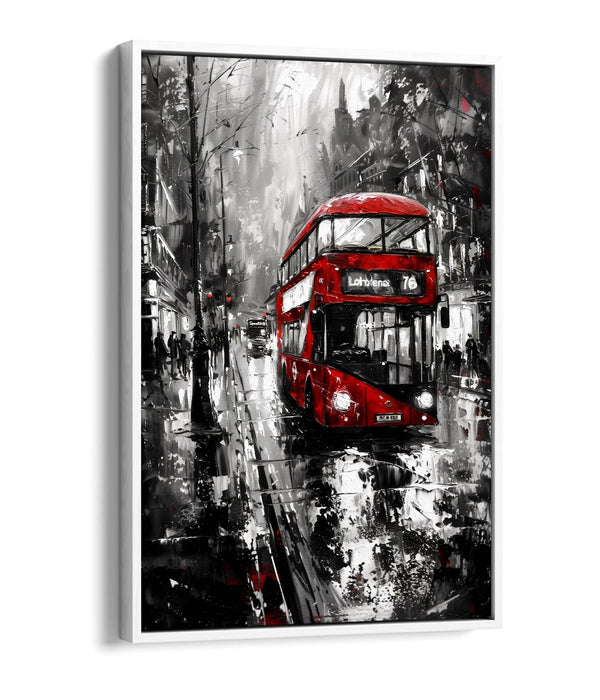 Canvas Wall Art - Black White Cityscape Red Bus Print | Handmade Premium Float Effect