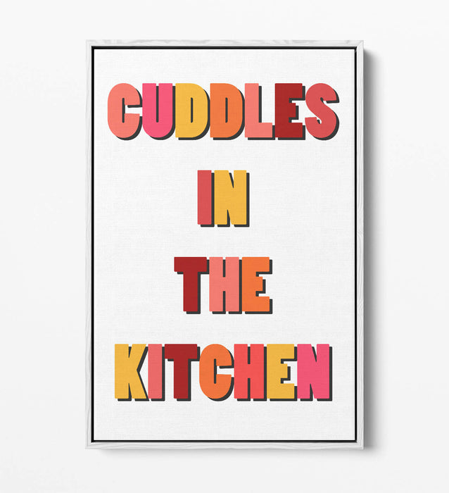 "CUDDLES IN THE KITCHEN" HAPPY QUOTE -FLOAT EFFECT CANVAS WALL ART PRINT- ORANGE