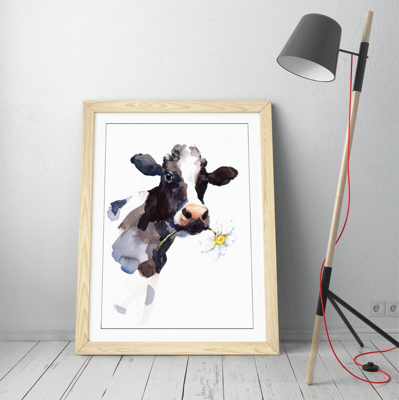 Watercolour Cow Wall Art – Framed Flower Art Print | Rustic Farmhouse Decor