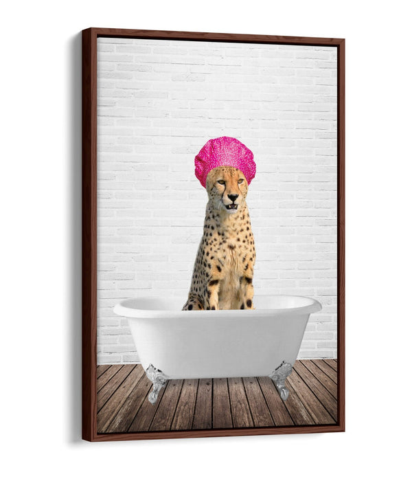 FUNNY CHEETAH IN BATHTUB -QUIRKY BATHROOM FLOAT EFFECT CANVAS WALL ART PIC PRINT