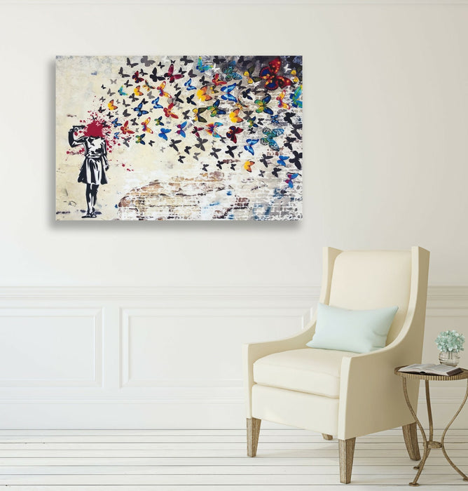 CANVAS WALL ART PRINT BANKSY BUTTERFLY BRAINS GIRL GRAFFITI 30MM DEEP FRAMED