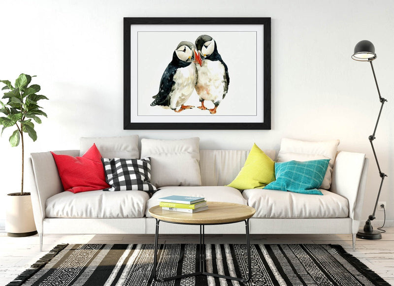 Puffin Love Wall Art - Framed Cute Animal Poster With Woodgrain Picture Frame