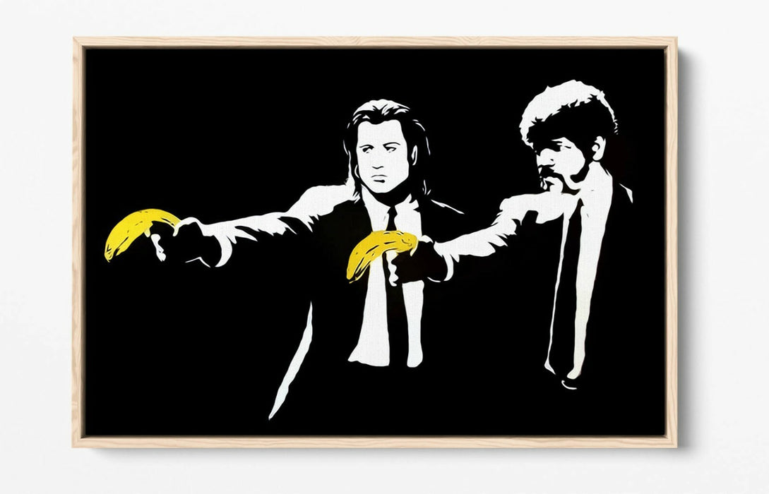 BANKSY PULP FICTION -FLOAT EFFECT CANVAS WALL ART PIC PRINT-YELLOW BLACK & WHITE