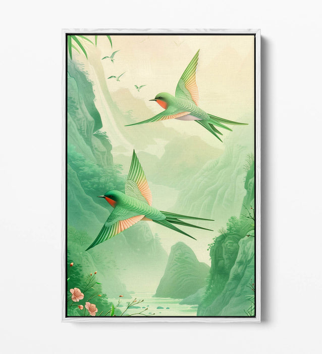 Canvas Art Print - Pink Green Swallows Flying | Handmade UK Vibrant Wall Art