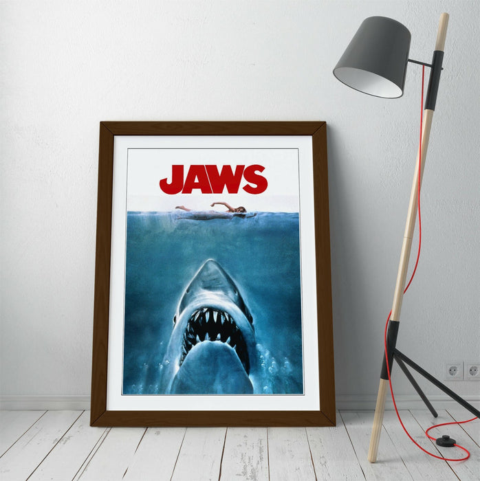 Vintage Jaws Poster - Framed Movie Poster With Woodgrain Frame Art & Matte Paper Print