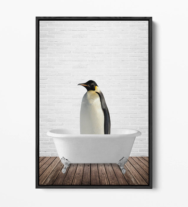 PENGUIN IN BATHTUB -QUIRKY BATHROOM FLOAT EFFECT CANVAS WALL ART PRINT