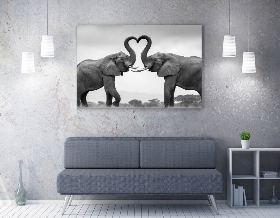 Elephants Wall Art – Black White Canvas Picture Print With Love Heart
