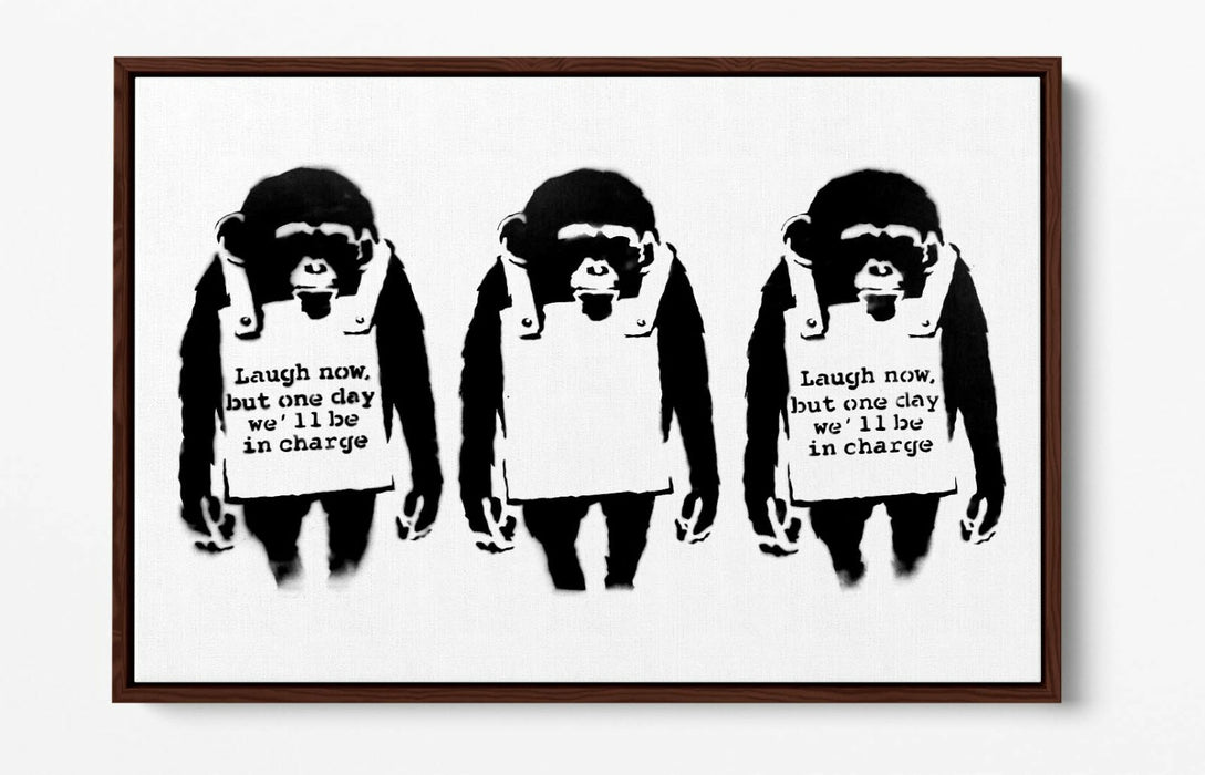 BANKSY LAUGH NOW -FLOAT EFFECT CANVAS WALL ART PIC PRINT- BLACK & WHITE