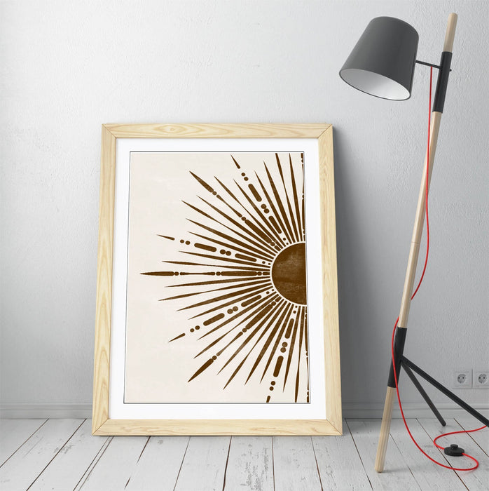 Boho Sun Wall Art – Bronze Boho Illustration Framed Art Print for Home Decor