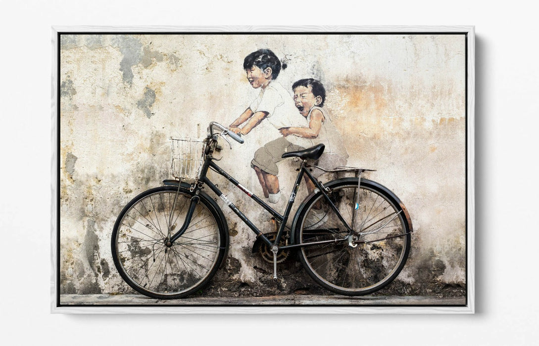 KIDS ON BIKE -FLOAT EFFECT CANVAS WALL ART PIC PRINT- BEIGE GREY BLACK