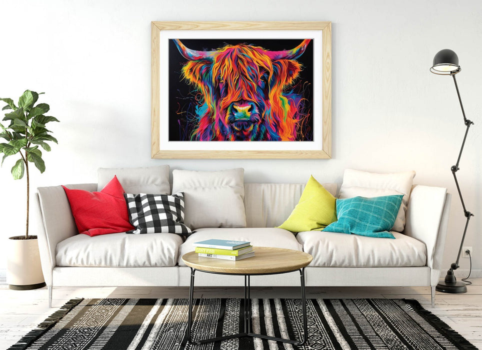 Highland Cow Wall Art – Framed Multi Colour Poster with Woodgrain Faux Frame