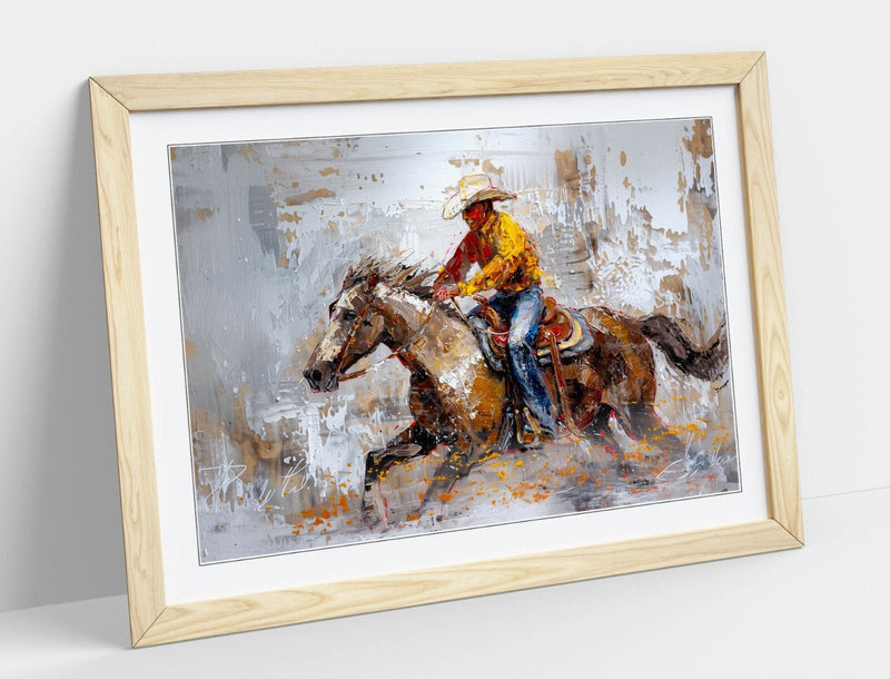 Cowboy Riding Horse Art – Framed Wall Art With Woodgrain Frame & Matte Finish Poster