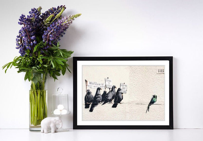 Banksy Framed Art Poster - Racist Pigeons Graffiti Wall Art in Woodgrain Faux Frame