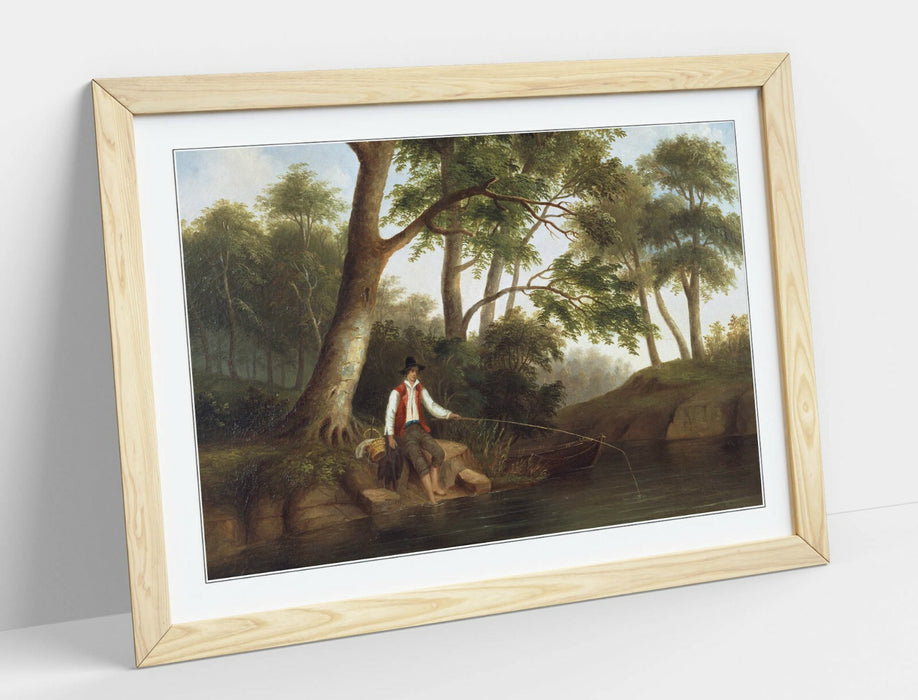 Framed Wall Art - Robert S DuncanSon Man Fishing Artwork With Woodgrain Frame