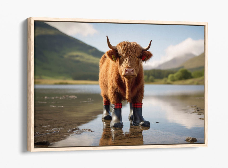 Canvas Wall Art - Funny Highland Cow Wearing Welly Boots | Float Effect Print