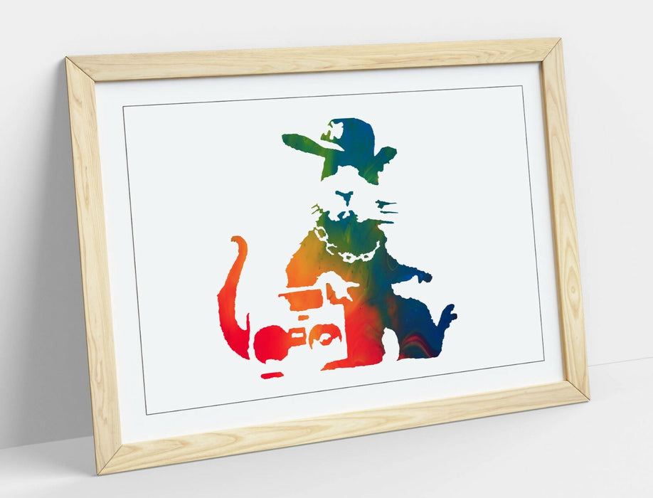 BANKSY, GANGSTA RAT RAINBOW ART EFFECT -FRAMED WALL ART PICTURE PRINT
