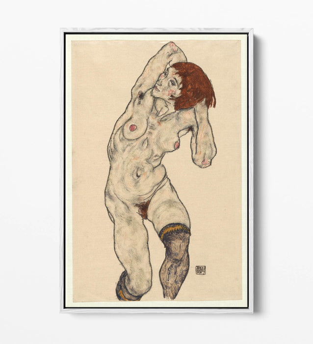 Canvas Wall Art - Egon Schiele Nude With Stockings | Float Effect Print On MDF Frame