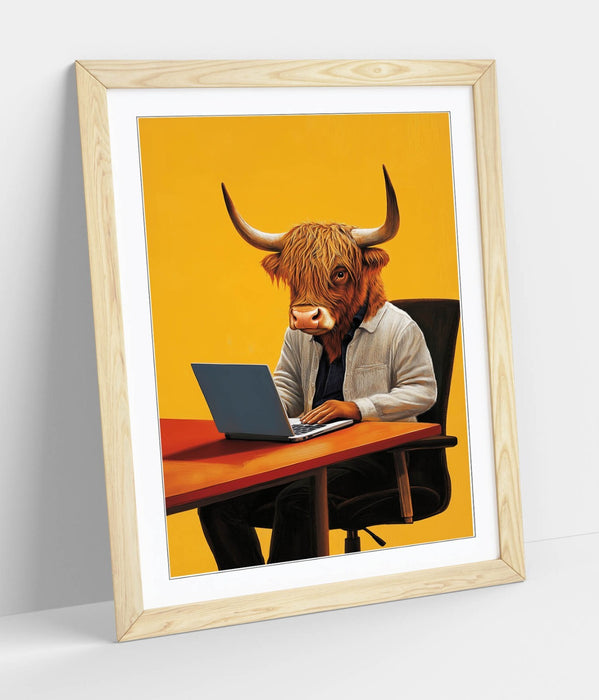 Highland Cow Wall Art – Framed Anthropomorphic Animal Poster Print With Woodgrain Frame