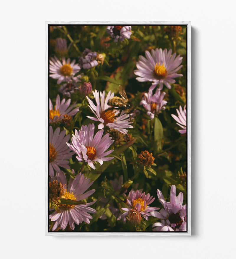 Canvas Wall Art - Grainy Bee On Flowers | Handmade Vibrant Floral Artwork, 30mm Deep Frame