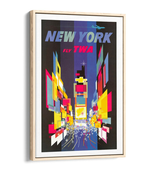 RETRO NEW YORK TRAVEL POSTER -FLOAT EFFECT CANVAS ART PRINT- YELLOW BLUE PINK