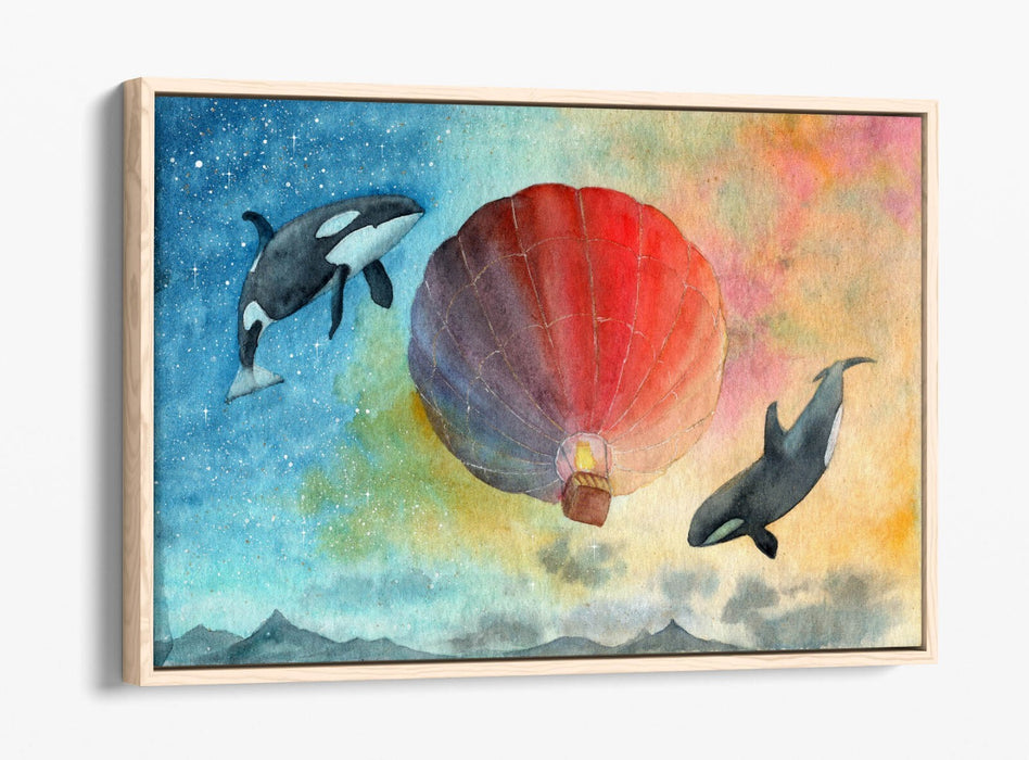 Canvas Wall Art Print - Watercolour Air Balloon & Whales Float Effect Decor