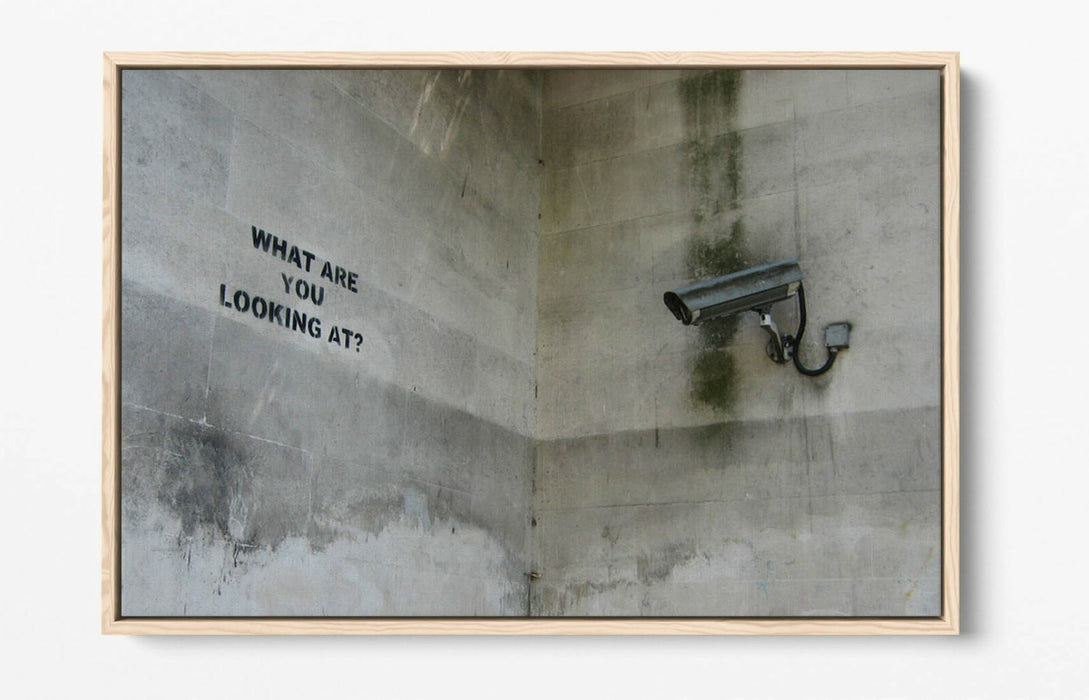 BANKSY WHAT ARE YOU LOOKING AT -FLOAT EFFECT CANVAS WALL ART PIC PRINT- BEIGE