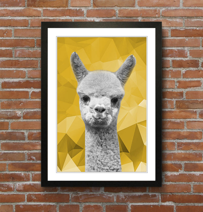 Framed Poster Wall Art – Alpaca Black White Poster with Mustard Yellow Print