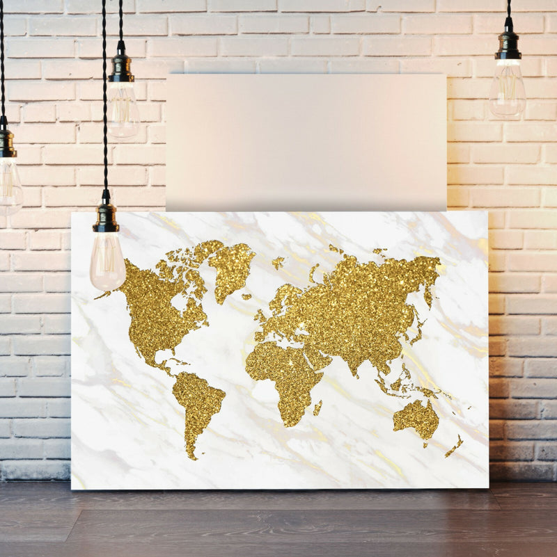 Marble Gold World Map Canvas Wall Art - Deep Framed UK Handmade Painting