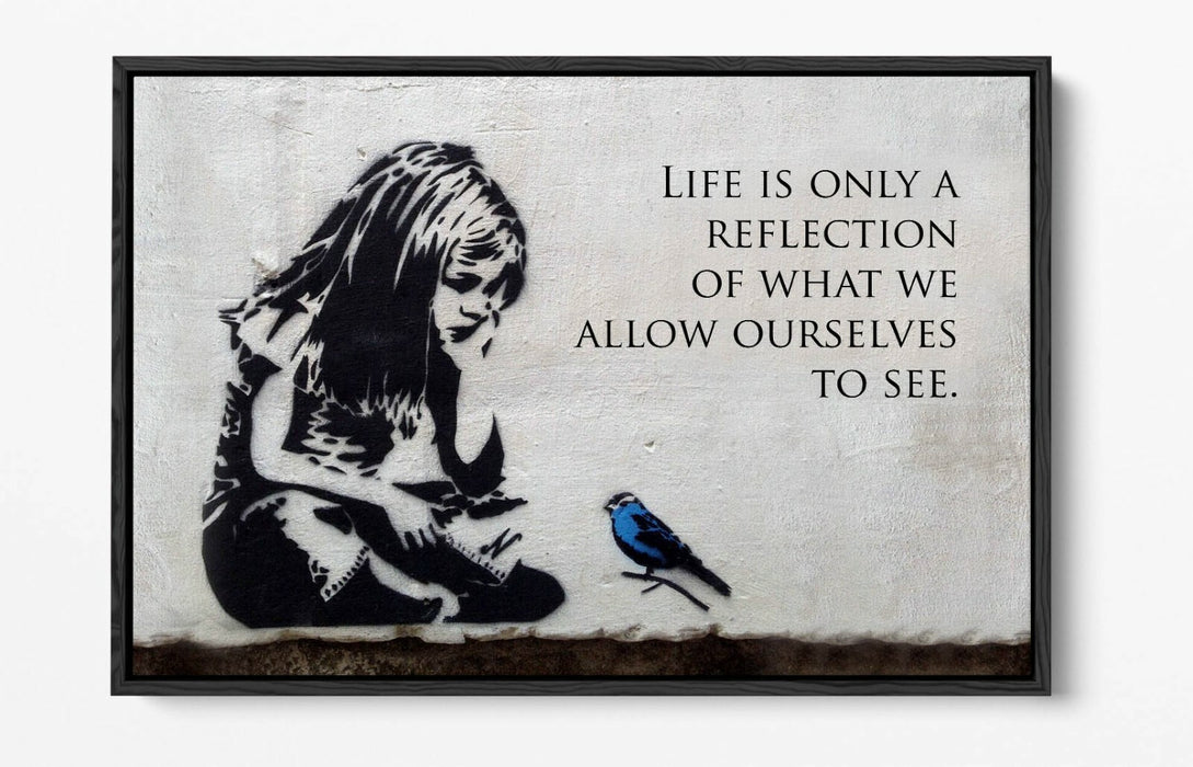 BANKSY LITTLE GIRL BLUE BIRD QUOTE -FLOAT EFFECT CANVAS WALL ART PIC PRINT-