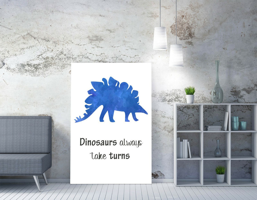 "DINOSAURS ALWAYS TAKE TURNS" WATERCOLOUR NURSERY -CANVAS WALL ART PICTURE PRINT