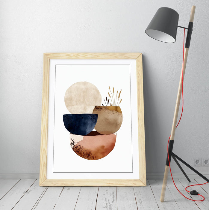 Boho Wall Art – Minimalist Shapes Framed Bedroom Print With Natural Wood Frame