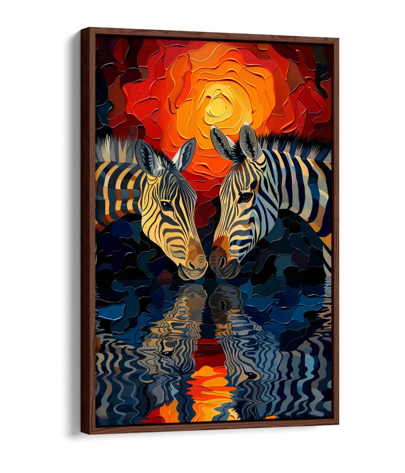 Canvas Wall Art Featuring Two Zebras | Handmade Float Effect Sunset Print