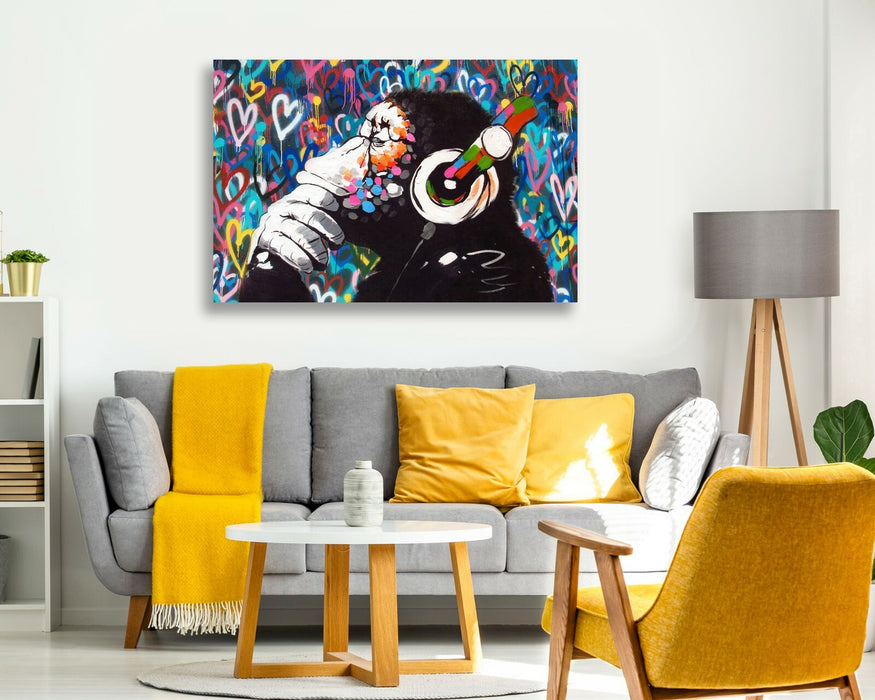 MONKEY DJ BANKSY LOVE WALL CANVAS STREET ART PICTURE PRINT FRAMED  -  GORILLA