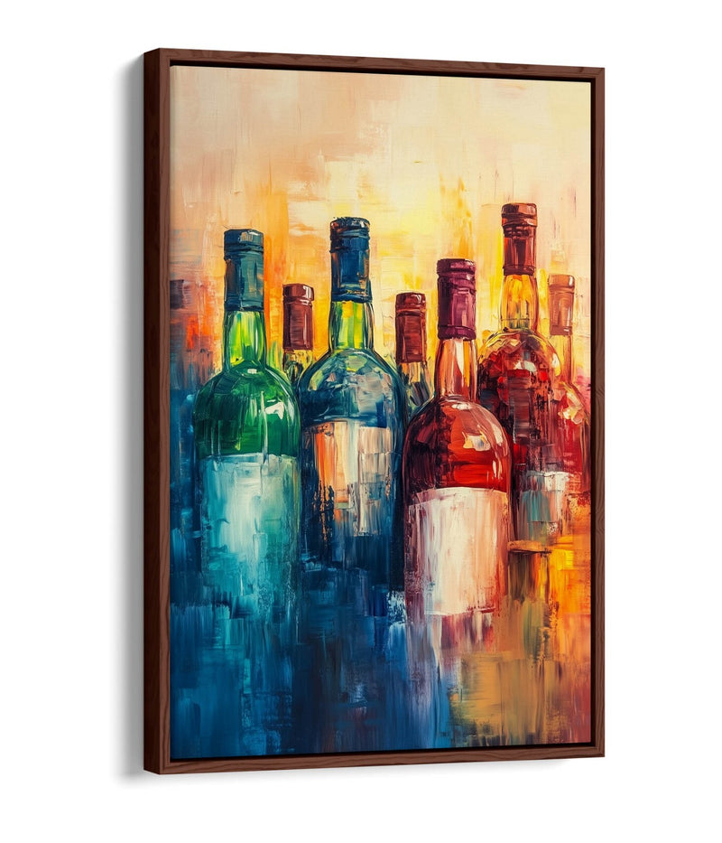Canvas Wall Art – Abstract Colourful Bottles Of Wine Faded Float Effect Print